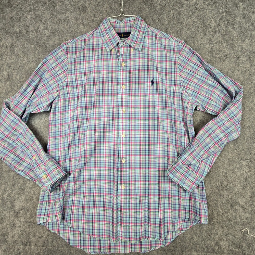 Ralph Lauren Mens Medium Plaid Button Down Shirt Blue Pink Pony Long Sleeve M - Picture 2 of 9
